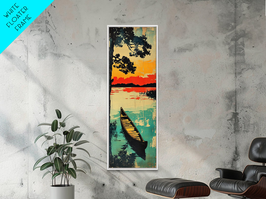 Canoe On Sunset Lake Wall Art, Japanese Landscape Canvas Print, Rustic Cabin Home Decor, Teal Water Long Vertical Art Print