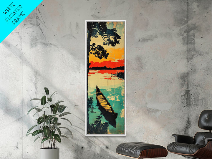 Canoe On Sunset Lake Wall Art, Japanese Landscape Canvas Print, Rustic Cabin Home Decor, Teal Water Long Vertical Art Print