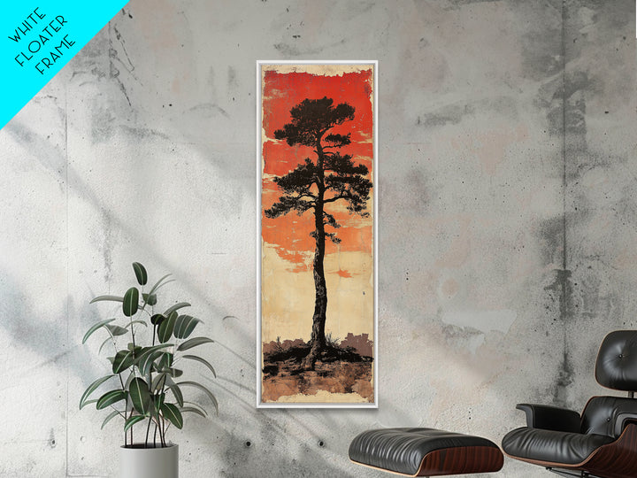 Lone Black Pine Tree At Red Sunset Canvas Print, Japanese Wall Art, Rustic Landscape Art, Long Narrow Nature Wall Decor Gift