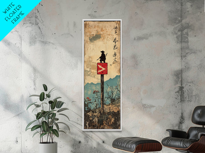Samurai Silhouette On Mountain Signpost Wall Art, Japanese Landscape Print, Asian Inspired Decor, Long Narrow Home Decor Gift