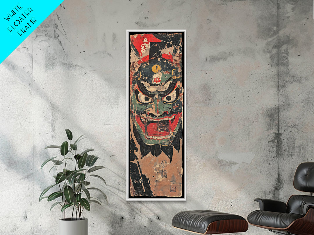 Fierce Japanese Oni Demon Mask Framed Canvas Print, Kabuki Wall Art, Dark Fantasy Decor, Bold Samurai Artwork Gift For Him