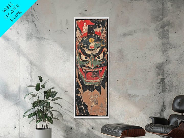 Fierce Japanese Oni Demon Mask Framed Canvas Print, Kabuki Wall Art, Dark Fantasy Decor, Bold Samurai Artwork Gift For Him