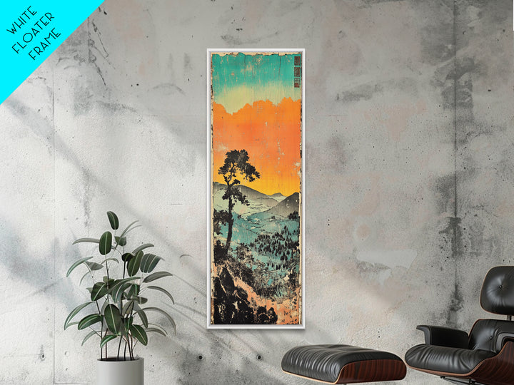 Orange Sunset Mountain Valley Canvas Print, Japanese Landscape Wall Art, Coastal Teal Nature Decor, Long Narrow Wall Decor