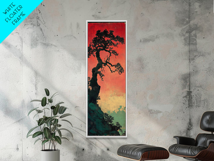 Twisted Black Pine Tree At Red Dusk Canvas Print, Japanese Wall Art, Moody Landscape Decor, Long Narrow Nature Gift For Her