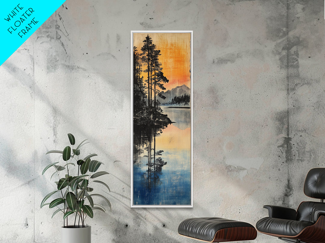 Misty Pine Lake Reflection Sunset Mountains Wall Art, Japanese Landscape Print, Rustic Cabin Decor, Nature Living Room Art