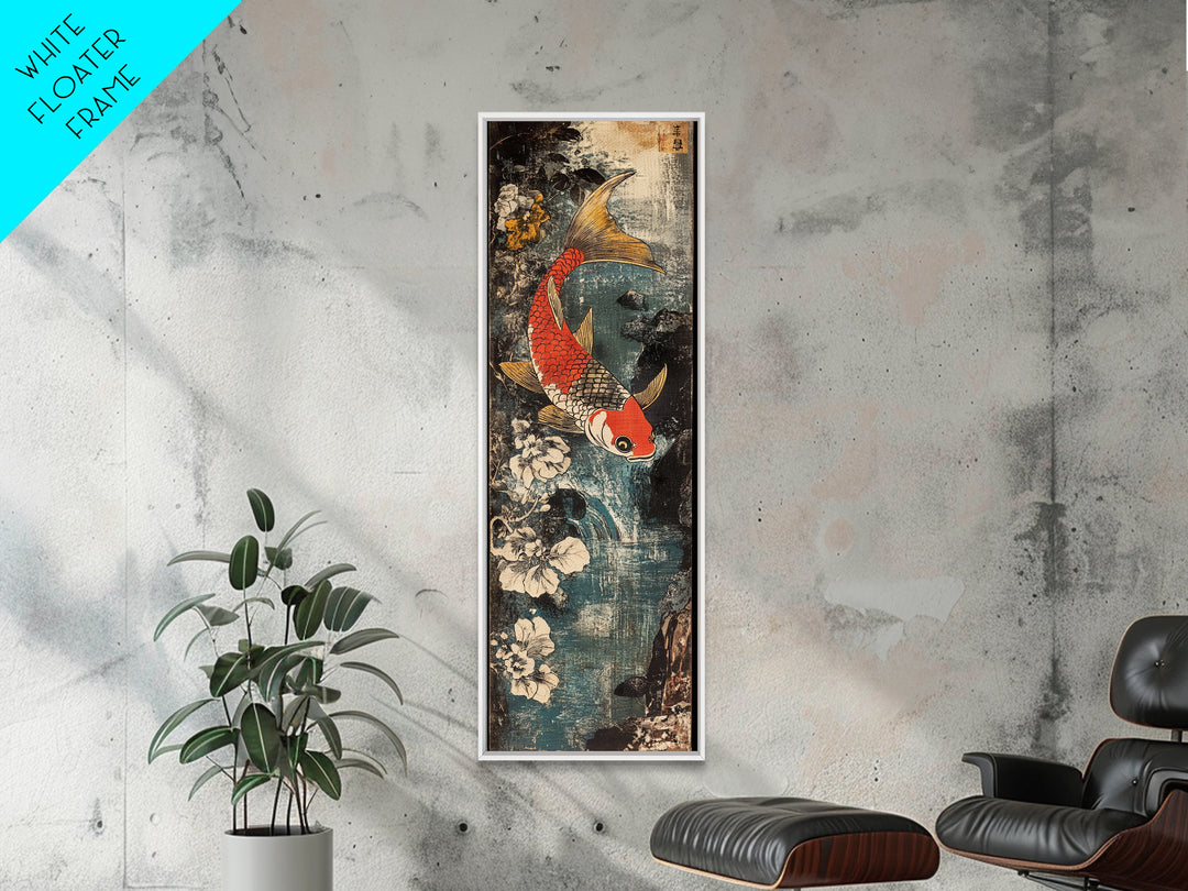 Red And Gold Koi Fish With White Flowers Wall Art, Japanese Koi Art, Asian Bathroom Decor, Zen Nature Canvas Print, Living Room Decor