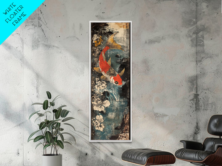 Red And Gold Koi Fish With White Flowers Wall Art, Japanese Koi Art, Asian Bathroom Decor, Zen Nature Canvas Print, Living Room Decor