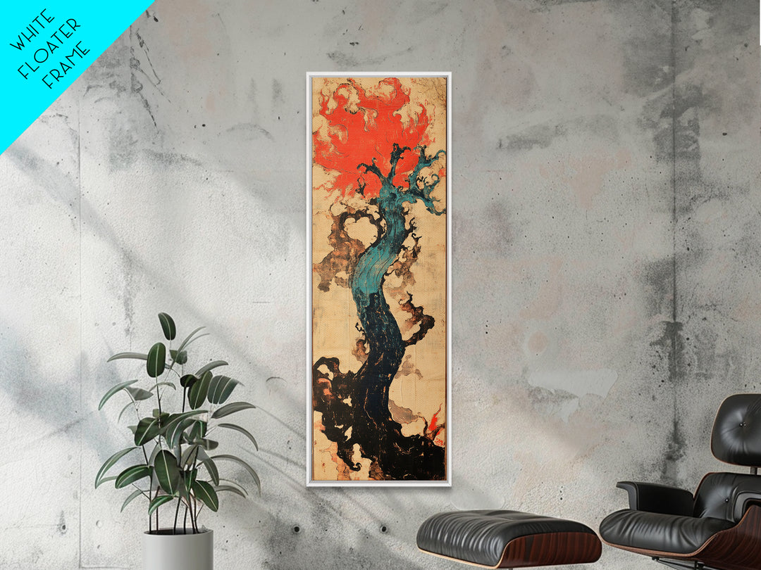 Teal Twisted Tree With Red Flame Clouds Framed Canvas Print, Japanese Abstract Wall Art, Moody Organic Modern Decor, Statement Art
