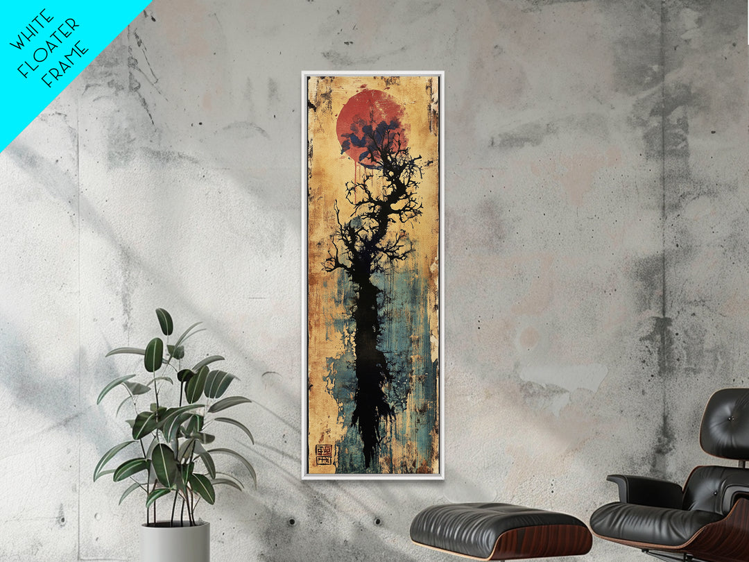 Bare Black Tree Under Crimson Moon Wall Art, Japanese Ink Landscape, Dark Academia Decor, Moody Zen Living Room Art, Canvas Print