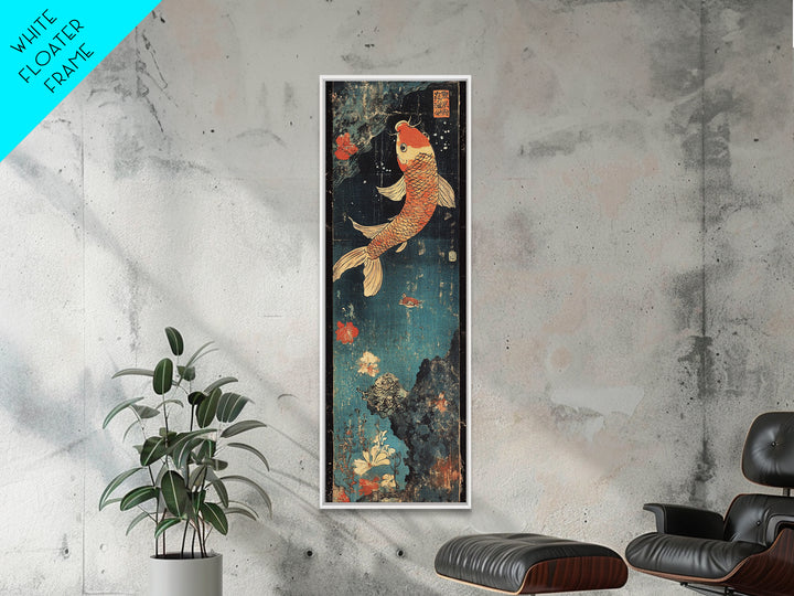Golden Koi Fish With Coral Flowers Framed Canvas Print, Japanese Koi Wall Art, Zen Bathroom Decor, Asian Nature Art Print