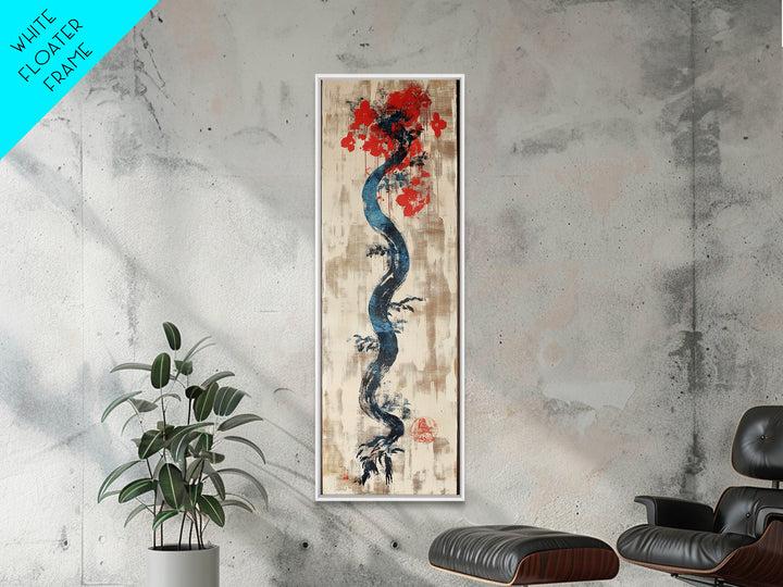 Blue Twisting Tree With Red Blossoms Canvas Print, Japanese Botanical Wall Art, Minimalist Nature Decor, Modern Zen Art Print