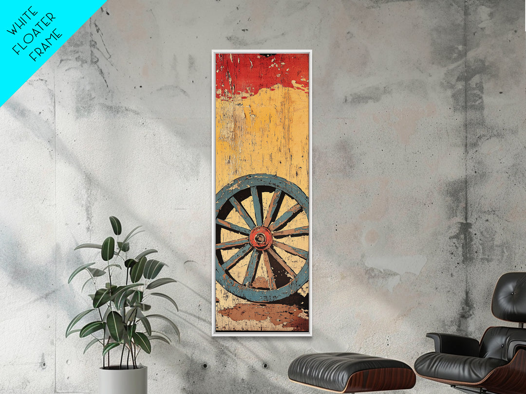 Blue Wagon Wheel Wall Art, Rustic Western Canvas Print, Distressed Farmhouse Decor For Country Home And Living Room Wall Decor