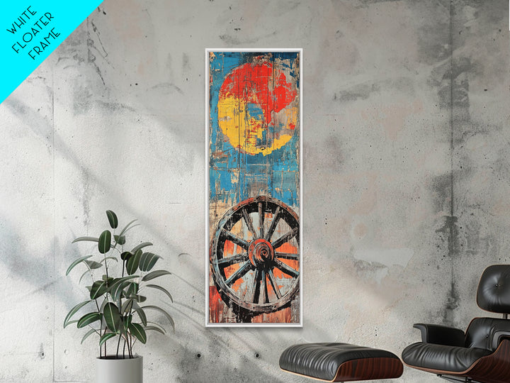 Wagon Wheel With Red Sun Wall Art, Rustic Western Canvas Print, Bold Farmhouse Decor For Living Room And Country Home Wall Decor