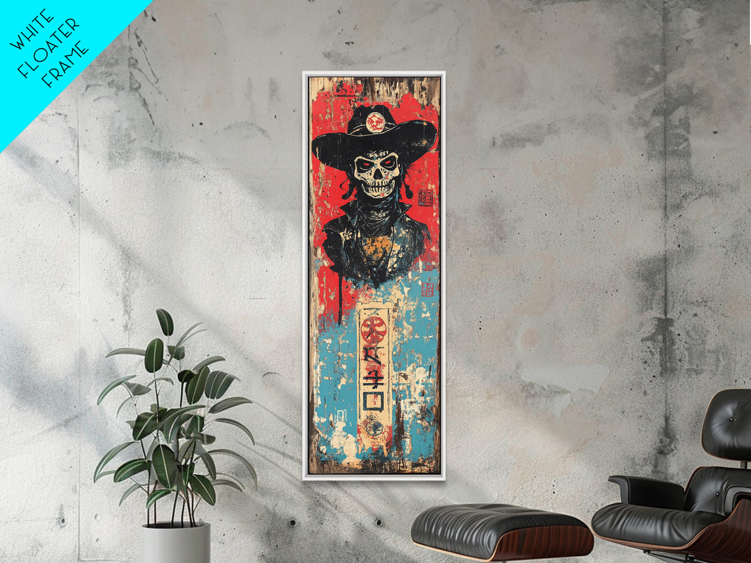 Skeleton Cowboy In Black Hat Wall Art, Gothic Western Canvas Print, Dark Americana Decor For Man Cave And Eclectic Room Decor