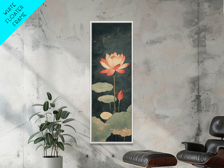 Pink Lotus Flower Pond Wall Art, Japanese Botanical Canvas Print, Serene Nature Decor For Spa Bathroom And Meditation Room