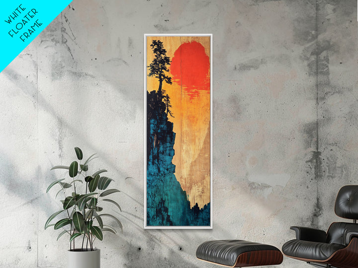 Cliff Silhouette With Red Sun Wall Art, Japanese Landscape Canvas Print, Moody Nature Decor For Living Room And Office Wall Decor