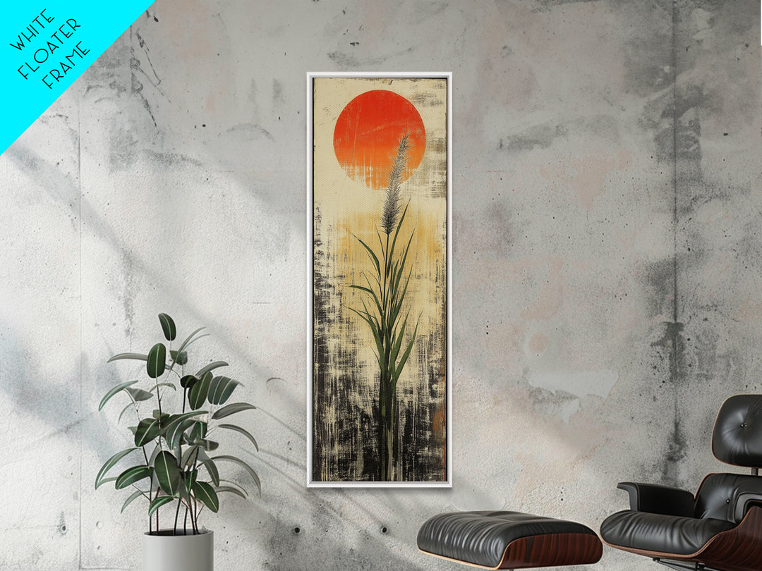 Tall Reed Grass With Red Sun Wall Art, Japanese Botanical Canvas Print, Minimal Nature Decor For Japandi Living Room Wall Decor