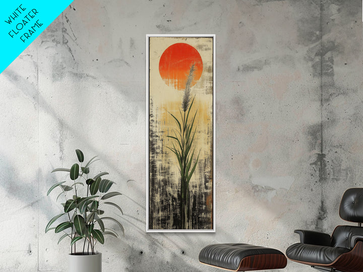 Tall Reed Grass With Red Sun Wall Art, Japanese Botanical Canvas Print, Minimal Nature Decor For Japandi Living Room Wall Decor
