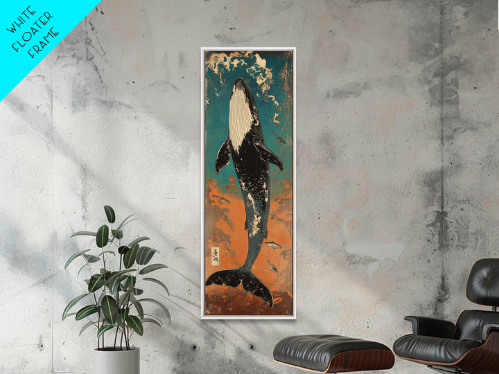 Humpback Whale Rising Through Teal Waves Wall Art, Japanese Woodblock Style, Ocean Wall Art, Marine Life Art, Coastal Decor