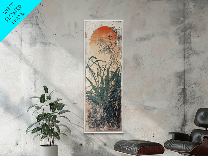 Orange Sun And Wild Grass Wall Art, Japanese Botanical Print, Japandi Decor, Minimalist Nature Art, Vertical Canvas Print
