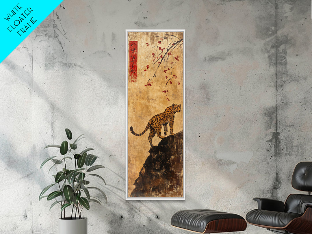 Spotted Leopard On Rocky Cliff Wall Art, Asian Wildlife Decor, Safari Animal Art Print, Maximalist Decor, Framed Canvas Print
