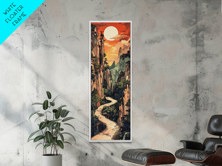 Sunset Canyon River Wall Art, Japanese Landscape Print, Mountain Wall Decor, Large Horizontal Art, Framed Canvas Print, Living Room Decor
