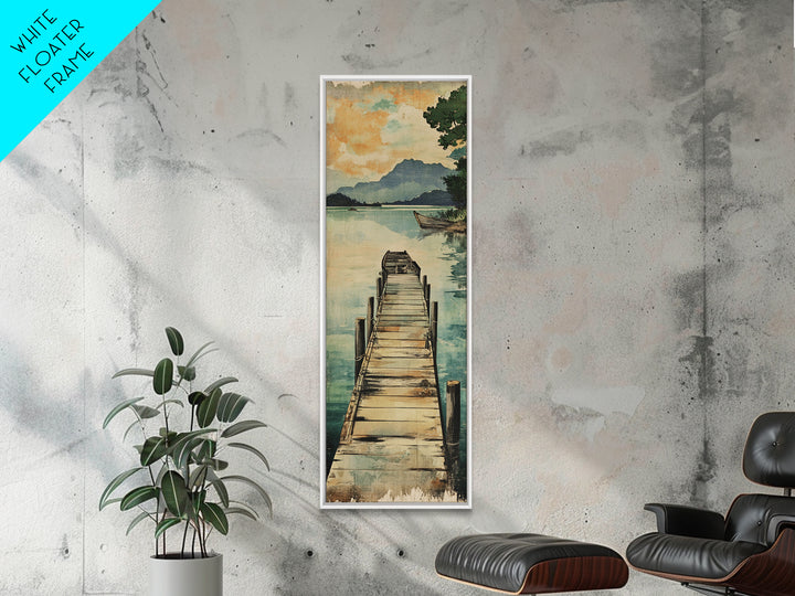 Quiet Lake Dock Framed Canvas Print, Mountain Landscape Wall Art, Serene Nature Decor, Coastal Cabin Living Room Art Print