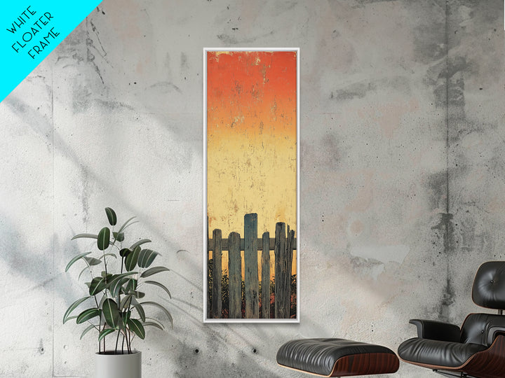 Weathered Fence Sunset Wall Art, Rustic Minimalist Landscape Print, Orange Sky Farmhouse Decor, Tall Vertical Canvas Print