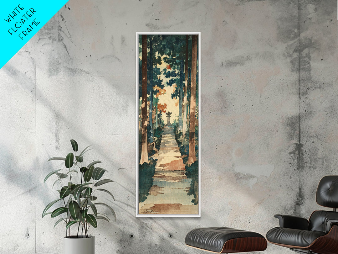 Forest Path Shrine Wall Art, Japanese Garden Canvas Print, Moody Woodland Landscape Decor, Tall Vertical Entryway Wall Art