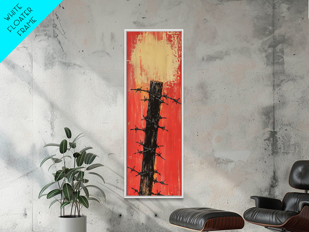Barbed Wire Fence Post Wall Art, Rustic Western Print, Red Distressed Farmhouse Decor For Man Cave Or Modern Entryway Gift