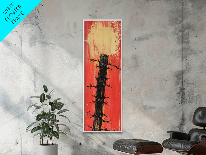 Barbed Wire Fence Post Wall Art, Rustic Western Print, Red Distressed Farmhouse Decor For Man Cave Or Modern Entryway Gift