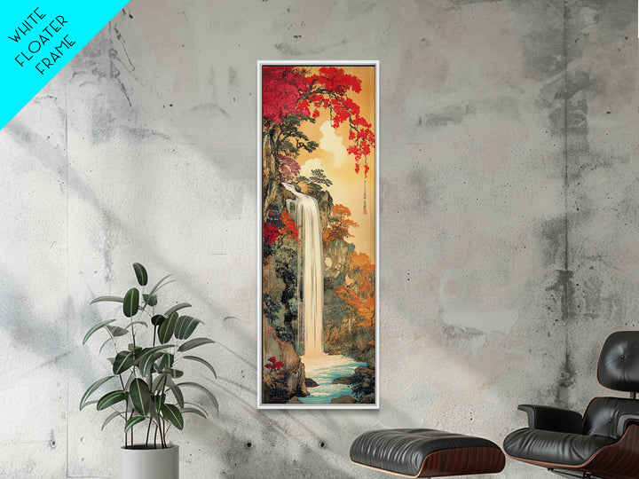 Autumn Waterfall With Red Maple Trees Framed Canvas Print, Japanese Landscape Wall Art, Nature Decor, Living Room Art Print