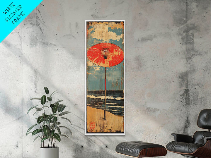 Red Beach Umbrella By Blue Ocean Framed Canvas Print, Coastal Wall Art, Beach House Decor, Summer Seascape Print, Living Room Decor