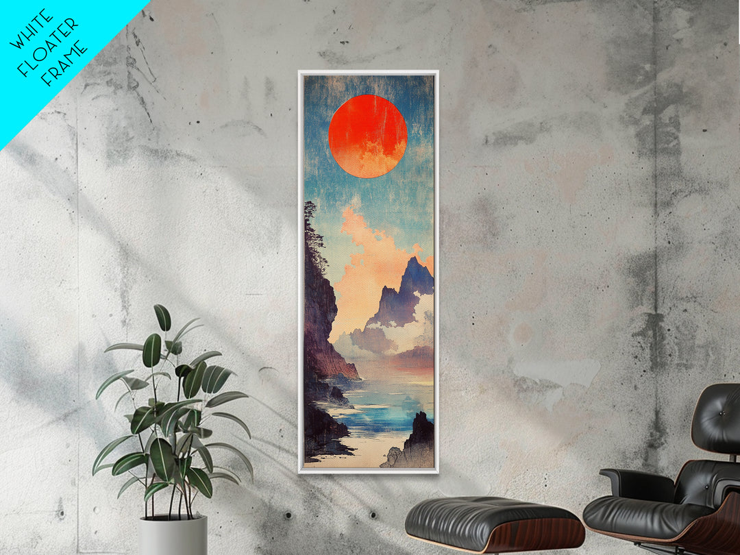 Red Sun Blue Mountain Seascape Wall Art, Japanese Landscape Print, Coastal Asian Decor, Tall Narrow Canvas For Living Room