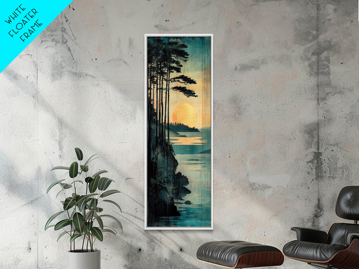Golden Sun Forest Coast Wall Art, Japanese Landscape Print, Teal Nature Decor, Long Vertical Canvas For Bedroom Or Living Room