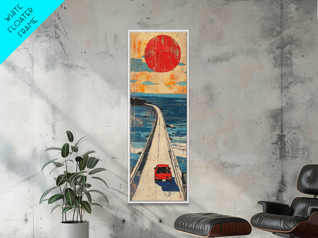 Red Car Ocean Bridge Wall Art, Retro Travel Poster Style, Japanese Coastal Decor, Long Vertical Canvas Print For Entryway