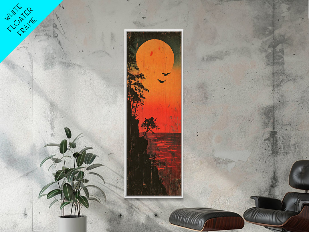 Orange Sunset Lake Silhouette Wall Art, Moody Nature Landscape Print, Rustic Cabin Decor, Long Vertical Canvas For Bedroom