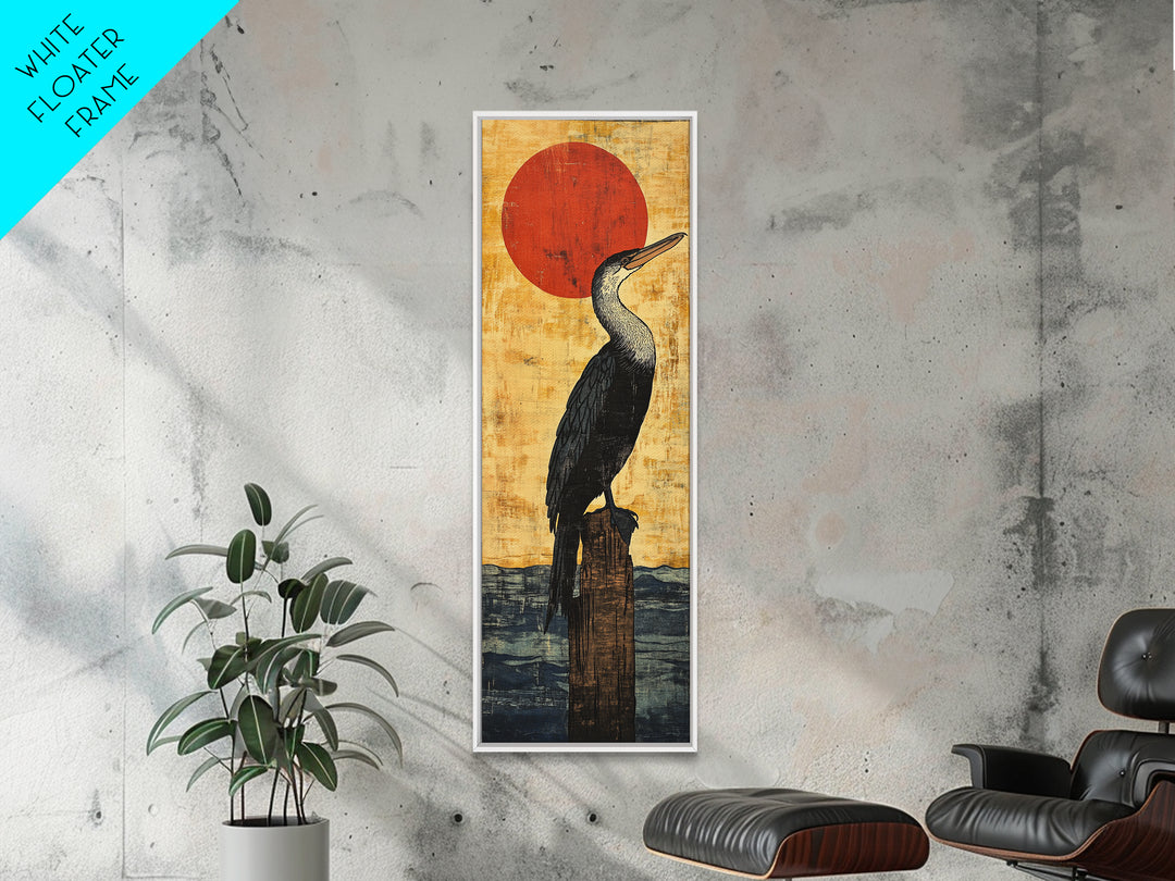 Black Cormorant Bird With Red Sun Wall Art, Japanese Coastal Framed Canvas Print For Nautical Decor And Nature Lovers Gift