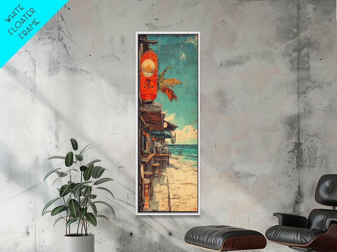 Seaside Japanese Street With Red Lantern Canvas Print, Coastal Wall Art For Beach House Decor, Travel Poster And Ocean Decor