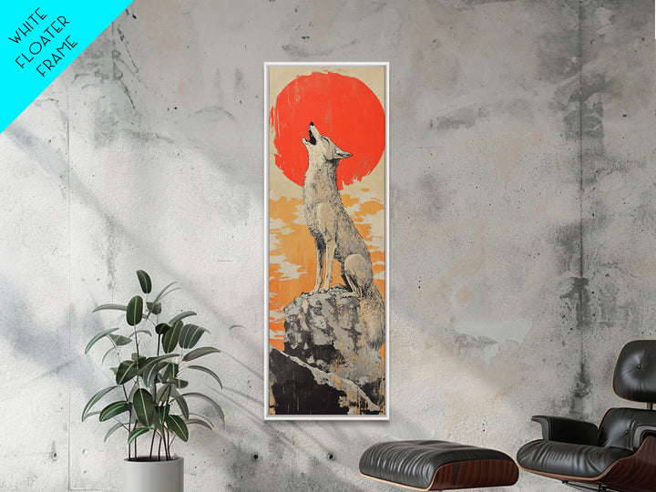 Howling White Wolf With Red Sun Framed Canvas Print, Desert Animal Wall Art, Southwestern Nursery Decor, Wildlife Gift For Him