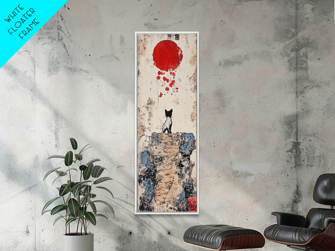 Tiny Black Cat On Cliff With Red Moon Canvas Print, Japanese Wall Art, Whimsical Animal Poster, Nursery Room Decor Unique Gift