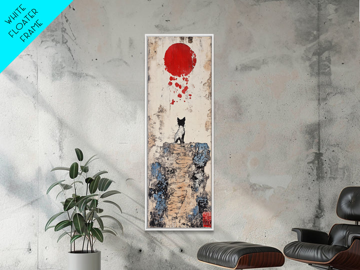 Tiny Black Cat On Cliff With Red Moon Canvas Print, Japanese Wall Art, Whimsical Animal Poster, Nursery Room Decor Unique Gift