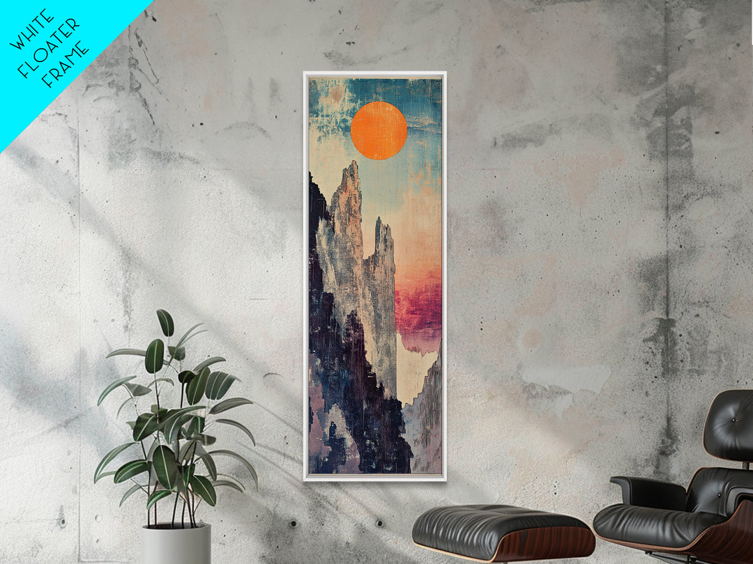 Tall Mountain Spires With Orange Sun Framed Canvas Print, Abstract Landscape Wall Art, Japandi Office Decor, Nature Gift