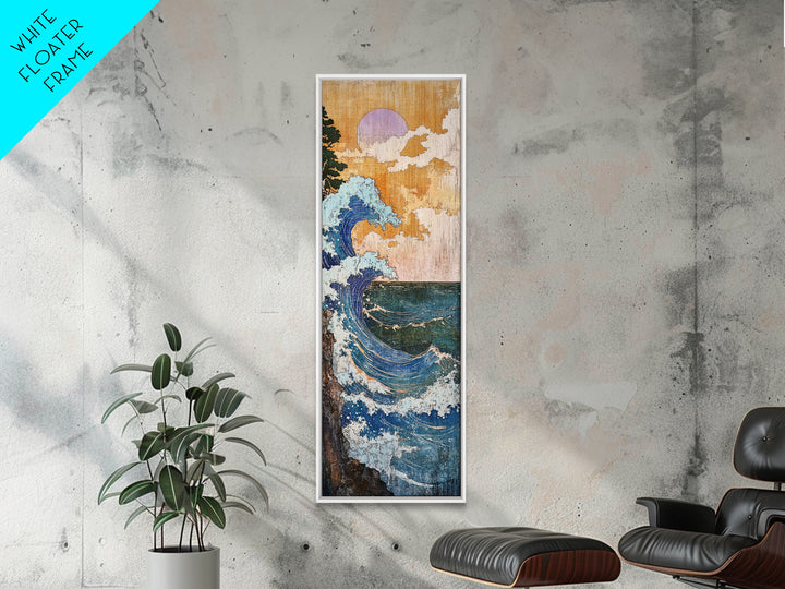 Blue Coastal Wave With Lavender Moon Framed Canvas Print, Ocean Wall Art, Nautical Bathroom Decor, Beach House Gift For Her