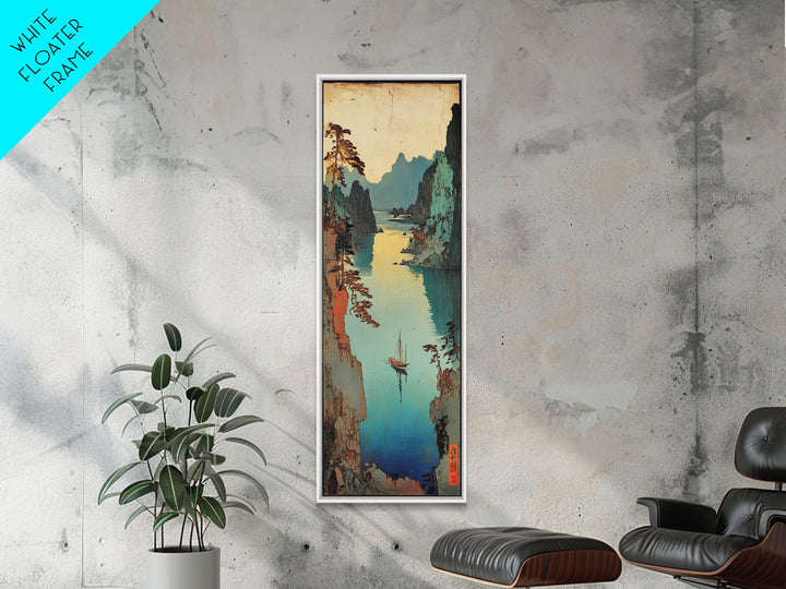 Misty Japanese River Gorge With Boats And Teal Cliffs Framed Canvas Print, Asian Landscape Art, Japandi Wall Decor, Zen Decor