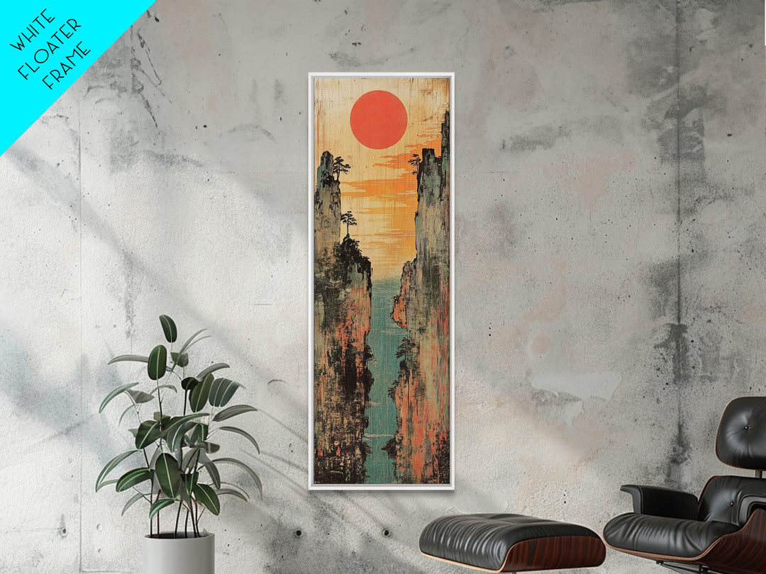 Red Sun Canyon Seascape Between Weathered Cliffs Canvas Print, Japanese Wall Art, Coastal Decor, Modern Landscape, Art Print