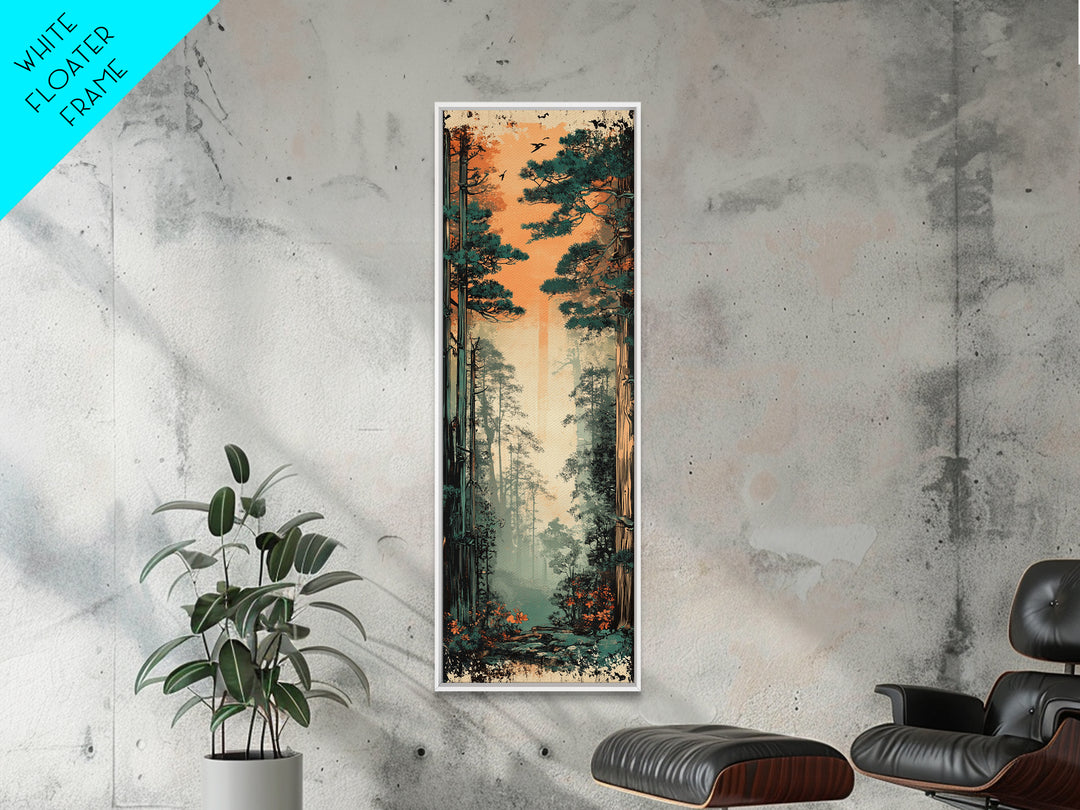 Tall Misty Pine Forest At Orange Dawn Wall Art, Nature Landscape Print, Japandi Decor, Calming Living Room Wall Decor, Home Decor