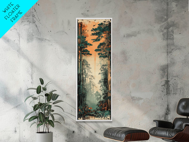 Tall Misty Pine Forest At Orange Dawn Wall Art, Nature Landscape Print, Japandi Decor, Calming Living Room Wall Decor, Home Decor