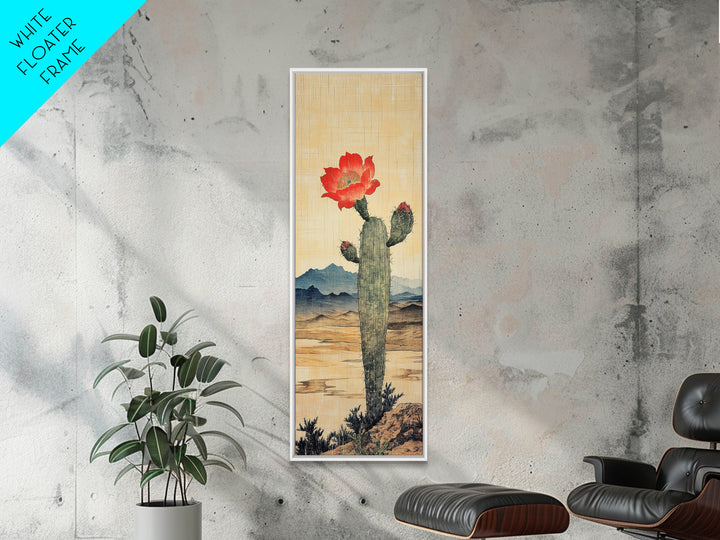 Blooming Cactus With Red Flower In Desert Landscape Framed Canvas Print, Southwestern Wall Art, Rustic Home Decor, Desert Decor