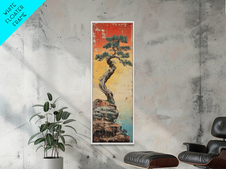 Weathered Bonsai Pine On Rocky Cliff With Red Sky Canvas Print, Japanese Wall Art, Wabi Sabi Decor, Zen Home Decor, Nature Art